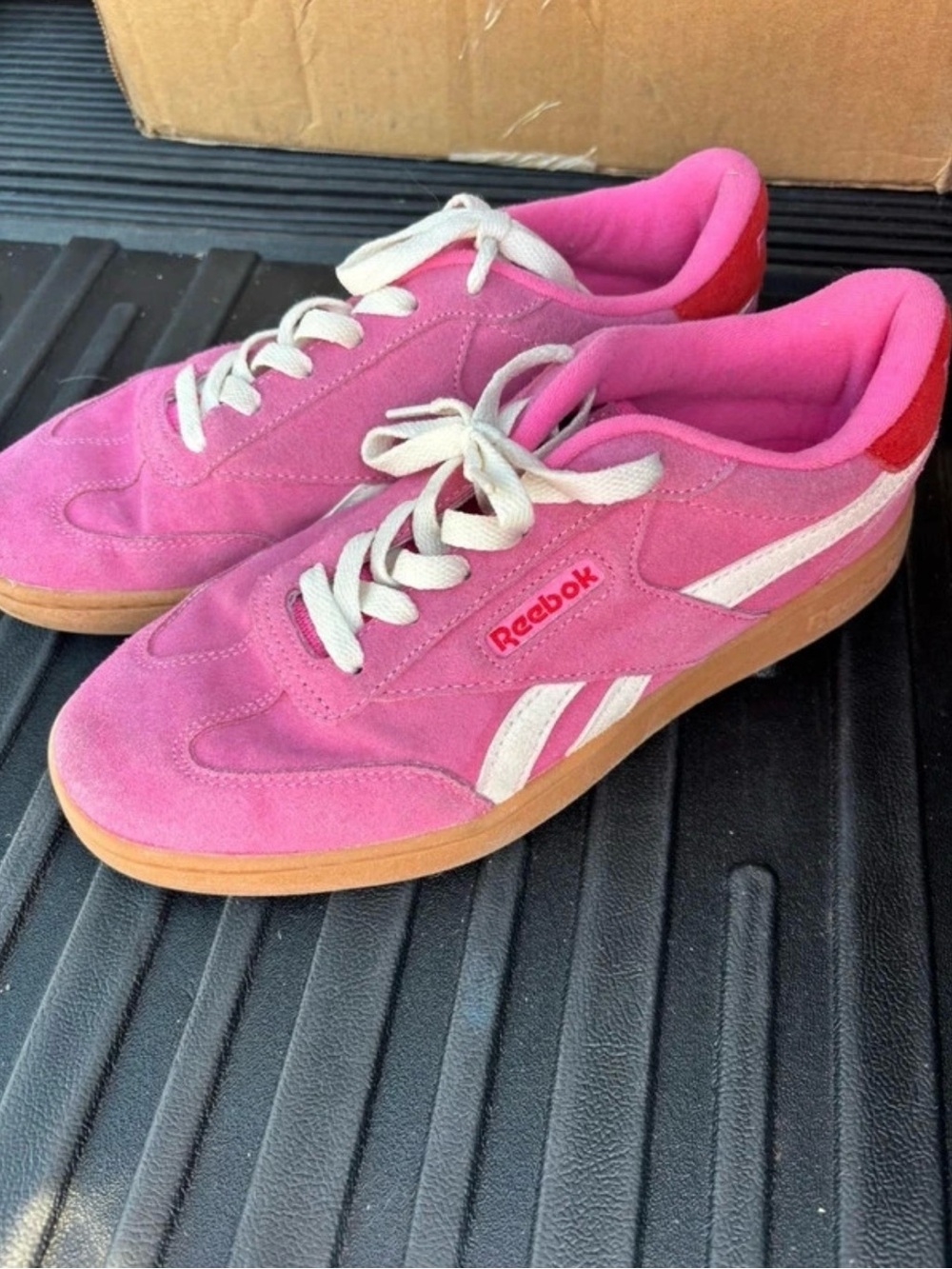 Reebok Women's Pink Suede Sneakers with White Stripes